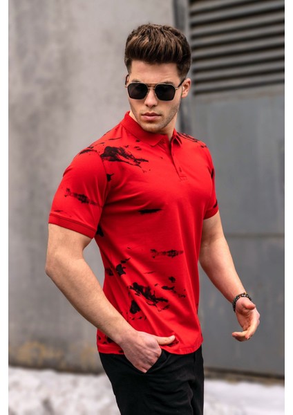 Polo Yaka Desenli Kırmızı Erkek Tişört