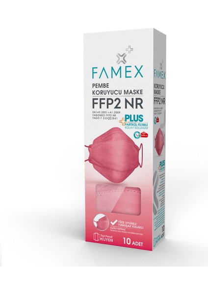 N95 Ffp2 Koruyucu Maske Pembe Renk 10 Adet Tekli Paket Fish Modeli