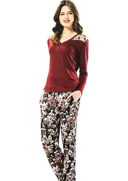 Betty & Barney Kadın Kışlık Pijama Takımı Çiçek Desenli Bordo