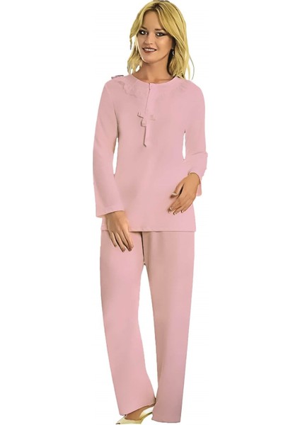 Kadın %100 Pamuk Kışlık Güpür Detaylı Pijama Takımı Pembe