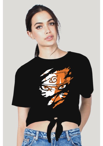 Sert Naruto Kısa, Kesik Bağlı Crop Top Kadın T-Shirt