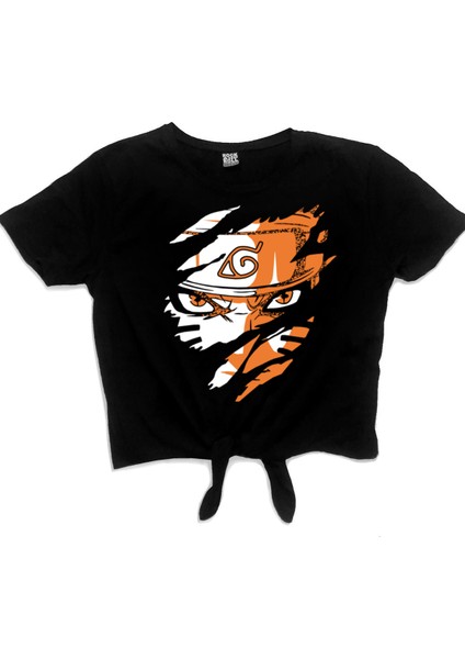 Sert Naruto Kısa, Kesik Bağlı Crop Top Kadın T-Shirt