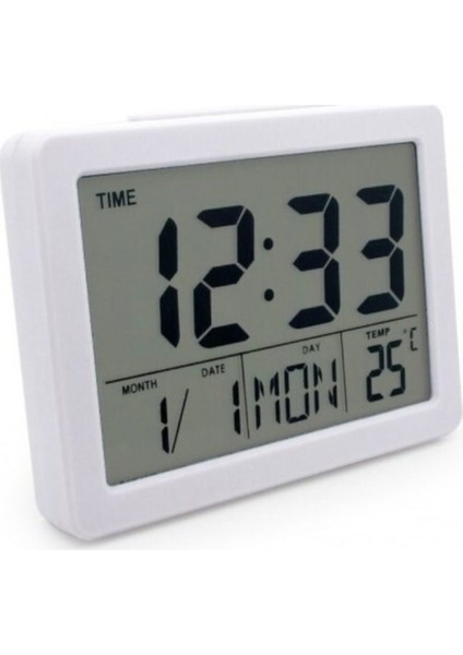 Çalar Saat LCD Ekranlı Işıklı Sensörlü Termometreli Alarmlı Dijital Masa Saati+Pil Beyaz