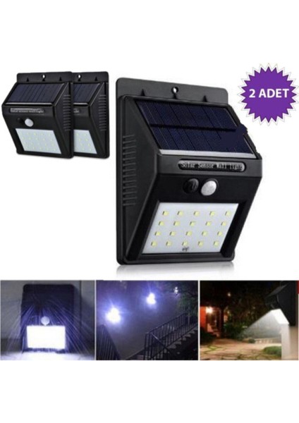 2 Adet Güneş Enerjili Solar Lamba 20 Li Sensörlü Duvar Tipi Su Geçirmez Sokak Bahçe Lambası