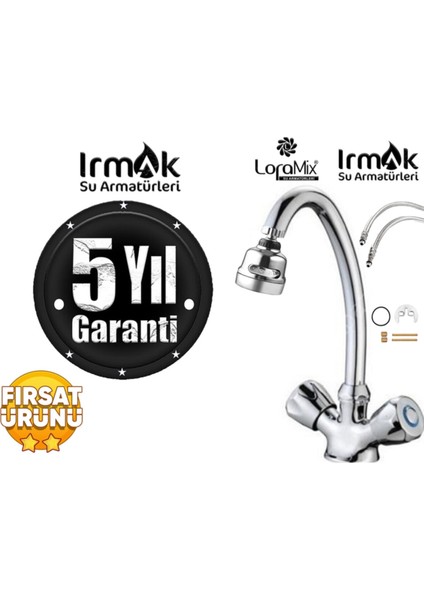 Irmak Mutfak Eviye Bataryası Çevirmeli Pirinç Gövdeli Tasarruflu Mutfak Musluğu