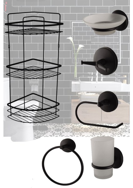 Banyo Duş Köşeliği Sabunluk, Kağıık, Fırçalık, Havluluk ve Bornozluk Siyah Renk Banyo Aksesuarları