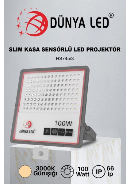 HS.745/3 100W Sensörlü Slim LED Projektör 3000K Günışığı Su Geçirmez Alüminyum Kasa IP66
