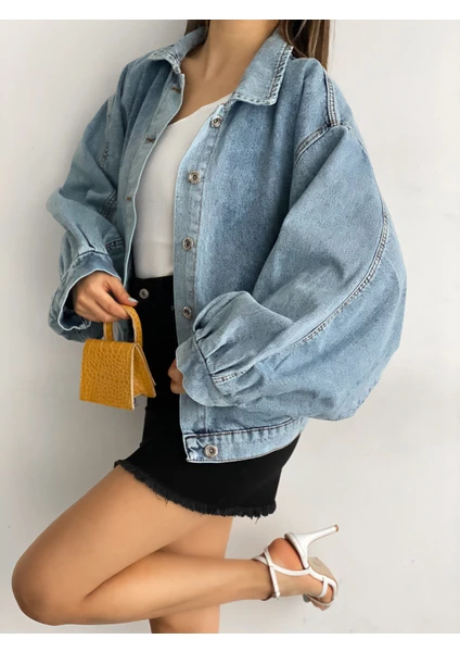 Fav Style Kadın Balon Kol Oversize Çift Cepli Denim Ceket Yıkamalı Mavi