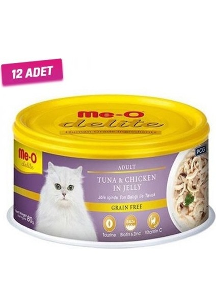 12 Adet - Meo Delite Tahılsız Jöle Içinde Ton Balıklı ve Tavuklu Yetişkin Kedi Konservesi 80 gr