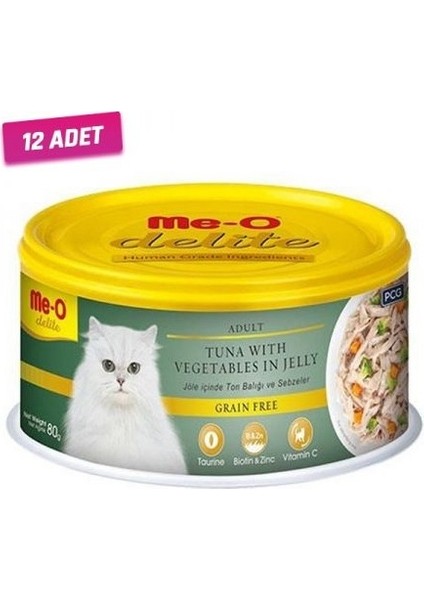 12 Adet - Meo Delite Tahılsız Jöle Içinde Ton Balıklı ve Sebzeli Yetişkin Kedi Konservesi 80 gr