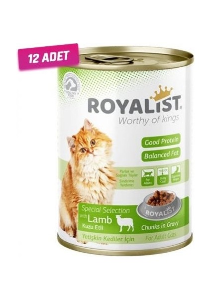 12 Adet - Royalist Kuzu Etli Gravy Soslu Yetişkin Kedi Konservesi 400 gr