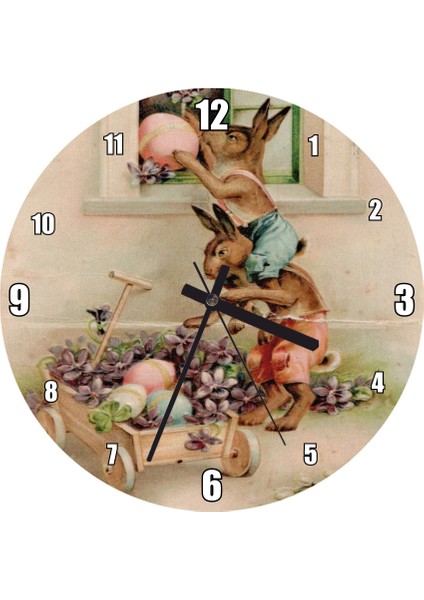 Cakatablo Paskalya Kartı Tavşanlar Çiçekler Görseli Duvar Saati (Çap 50X50 cm )