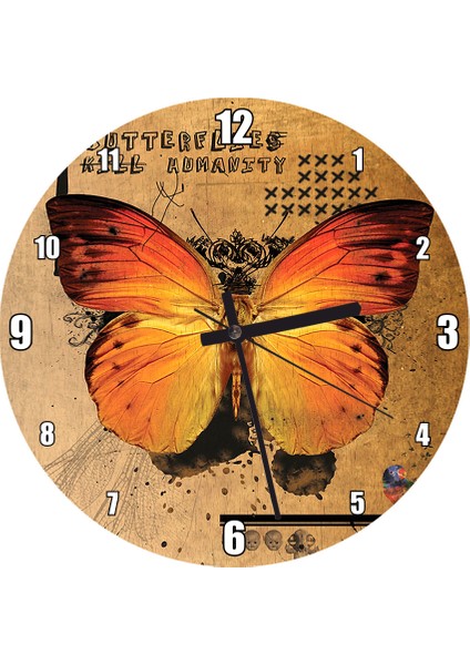 Cakatablo Afiş Üstünde Kelebek Duvar Saati Duvar Saati (Çap 30X30 Cm)