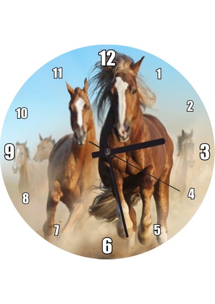Cakatablo Tozlu Zeminde Koşan Kahve Rengi Atlar Duvar Saati (Çap 30X30 Cm)