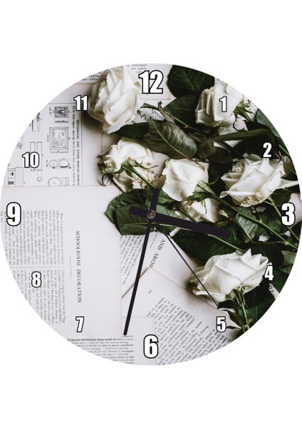 Cakatablo Kitap Sayfaları ve Beyaz Güller Duvar Saati (Çap 50X50 cm )
