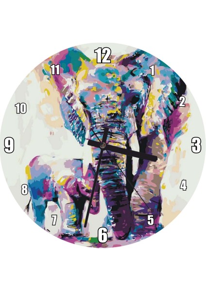 Cakatablo Anne Fil ve Yavrusu Dijital Suluboya Duvar Saati (Çap 30X30 Cm)