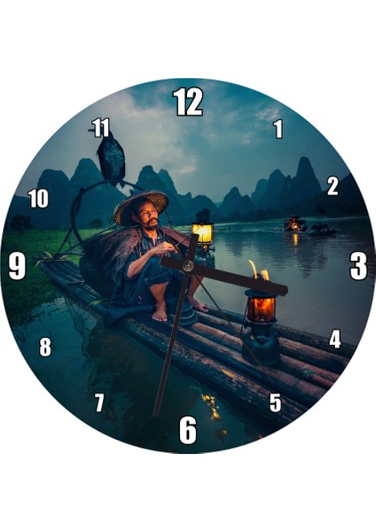 Cakatablo Saldaki Balıkçı ve Karabatak Duvar Saati (Çap 50X50 cm )
