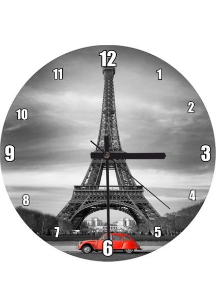 Cakatablo Siyah Beyaz Eyfel ve Kırmızı Araba Duvar Saati (Çap 50X50 cm )