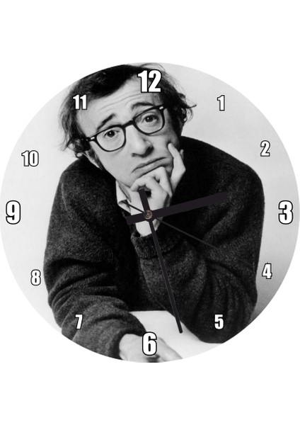 Cakatablo Woody Allen Eli Çenesinde Beyaz Fon Duvar Saati (Çap 50X50 cm )