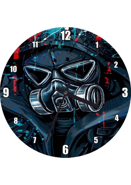 Cakatablo Siyah Kapşonlu Gaz Maskesi Görseli Duvar Saati (Çap 30X30 Cm)