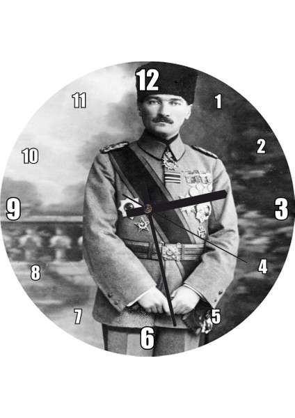 Cakatablo Atatürk Kalpaklı Madalyalı Ayakta Duvar Saati (Çap 30X30 Cm)