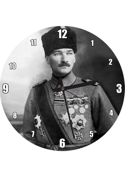 Cakatablo Atatürk Kalpaklı Madalyalı Duvar Saati (Çap 30X30 Cm)