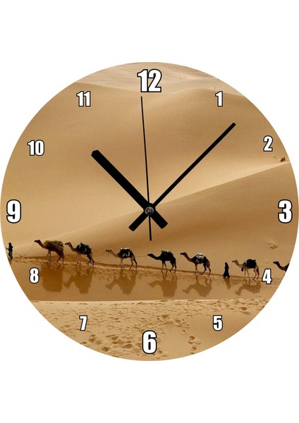 Cakatablo Libya Çölünde Deve Kervanı Duvar Saati (Çap 30X30 Cm)