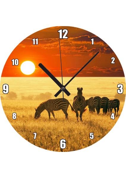 Cakatablo Günbatımında Savanada Zebralar Duvar Saati (Çap 30X30 Cm)