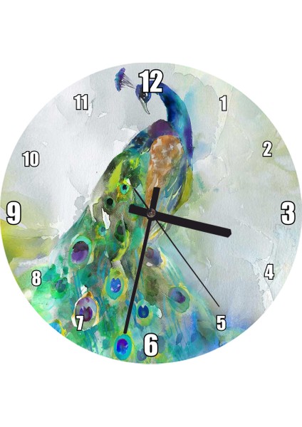Cakatablo Tavuskuşu Suluboya Çizim Duvar Saati (Çap 30X30 Cm)