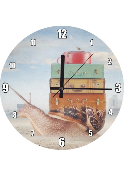 Cakatablo Sırtında Valizleriyle Gezgin Salyangoz Duvar Saati (Çap 30X30 Cm)