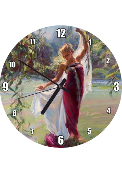 Cakatablo Ressam Daniel Gerhartz Kırmızılı Kadın Yağlı Boya Çalışması Duvar Saati (Çap 50X50 cm )