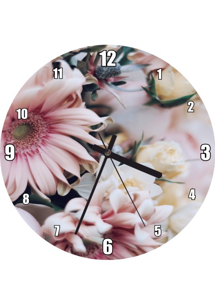 Cakatablo Pembe Karizantem Çiçeği ve Sarıgül Görseli Duvar Saati (Çap 50X50 cm )