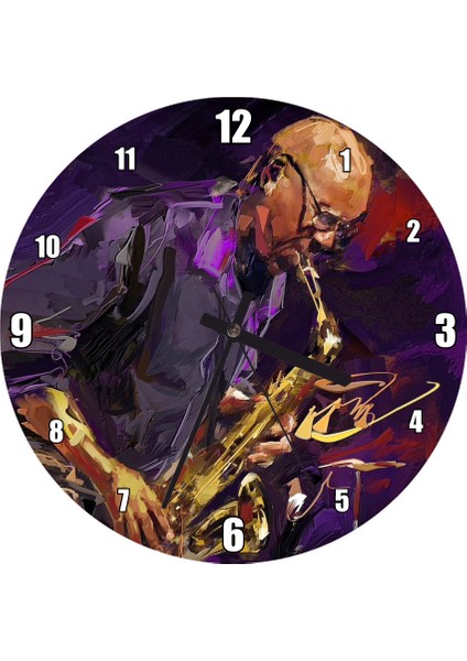 Cakatablo Yağlı Boya Resmi Saksafon Sanatçısı Görseli Duvar Saati (Çap 50X50 cm )