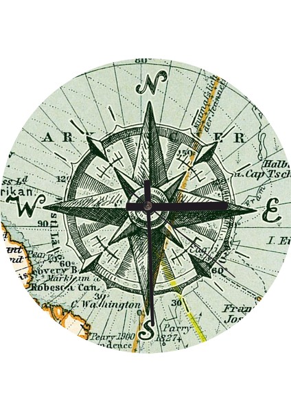 Cakatablo Nostaljik Pusula ve Harita Duvar Saati (Çap 30X30 Cm)