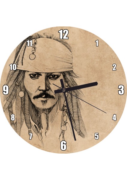 Cakatablo Kaptan Jack Sparrow Karakalem Portre Duvar Saati (Çap 30X30 Cm)