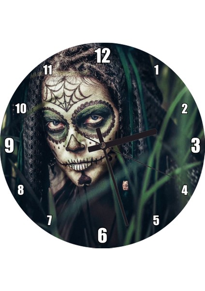 Cakatablo Yeşil Yapraklar Arasında Yüzü Boyalı Kadın Görseli Duvar Saati (Çap 30X30 Cm)