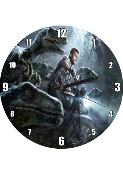 Cakatablo Jurassic World Motorlu Chris Pratt ve Raptorlar Duvar Saati (Çap 50X50 cm )
