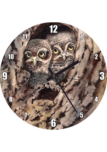 Cakatablo Ağaç Koğundaki Baykuşların Görseli Duvar Saati (Çap 30X30 Cm)