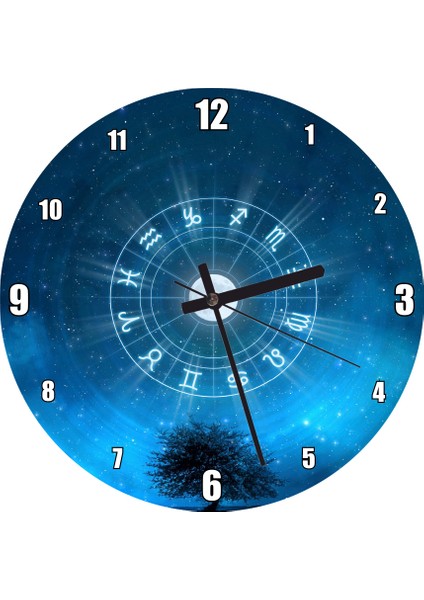 Cakatablo Yalnız Ağaç ve Gökyüzünde Yıldızlar Görseli Duvar Saati (Çap 50X50 cm )