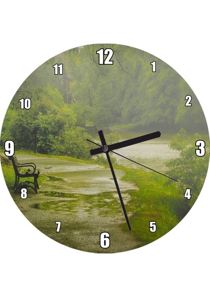 Cakatablo Yağmurda Yemyeşil Orman ve Boş Bank Görseli Duvar Saati (Çap 50X50 cm )