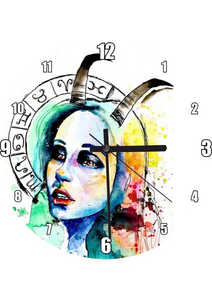 Cakatablo Oğlak Burcu Sulu Boya Duvar Saati (Çap 30X30 Cm)