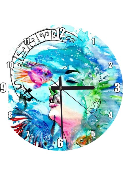 Cakatablo Kadın Figüründe Balık Burcu Duvar Saati (Çap 50X50 cm )