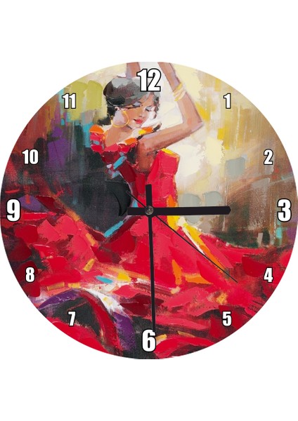 Cakatablo Kırmızı Elbiseli Kadının Flamenko Dansı Duvar Saati (Çap 30X30 Cm)