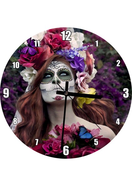 Cakatablo Ölülerin Günü Kadın Çiçekler ve Kelebekler Duvar Saati (Çap 50X50 cm )