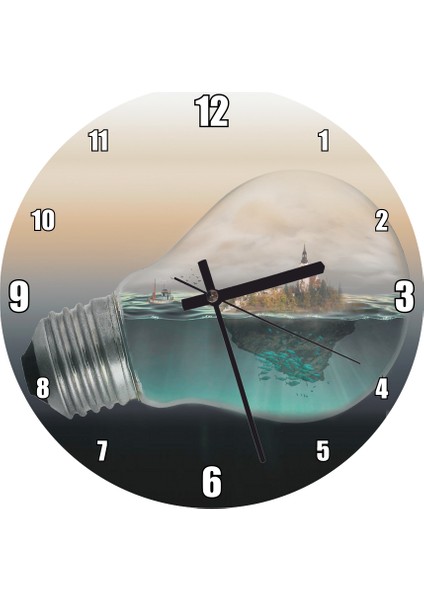 Cakatablo Ampul Içinde Okyanus ve Ada Illüstrasyonu Duvar Saati (Çap 50X50 cm )