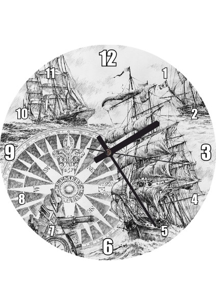 Cakatablo Fırtına Içinde Yelkenli Gemiler Dev Pusula Parçası Duvar Saati (Çap 30X30 Cm)
