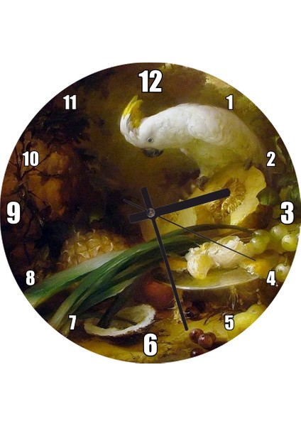 Cakatablo Beyaz Papağan ve Taze Meyveler Duvar Saati (Çap 30X30 Cm)