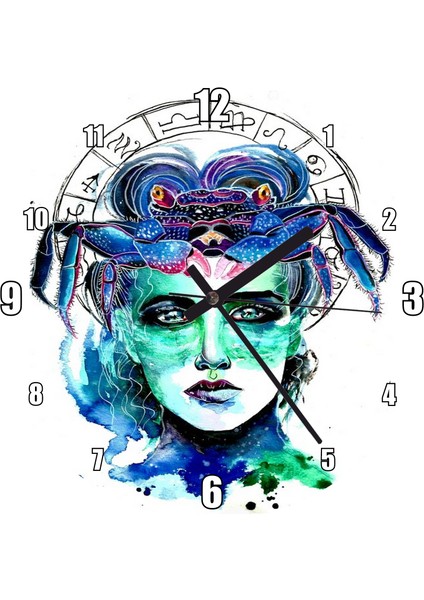 Cakatablo Kadın Figüründe Yengeç Burcu Duvar Saati (Çap 30X30 Cm)