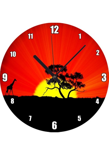 Cakatablo Günbatımında Yalnız Ağaç ve Zürafa Duvar Saati (Çap 30X30 Cm)