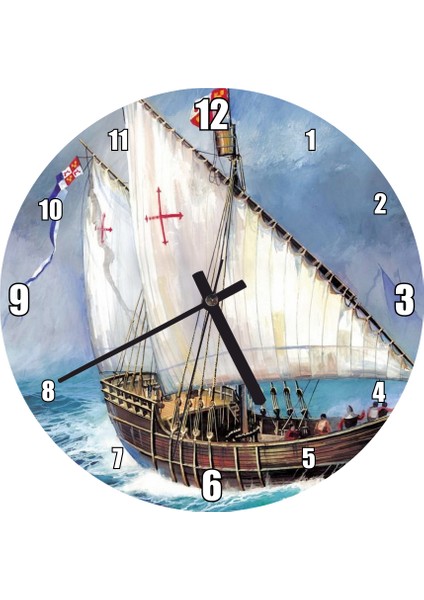 Cakatablo Amerika'yı Keşfeden Colomb'un Yelkenlisi Duvar Saati (Çap 30X30 Cm)